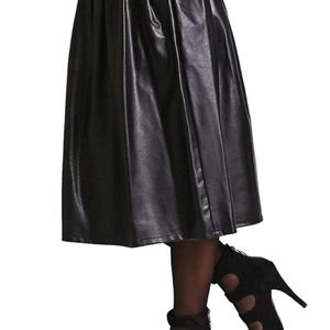Women's Faux Leather High Waist Pleated Midi Flare